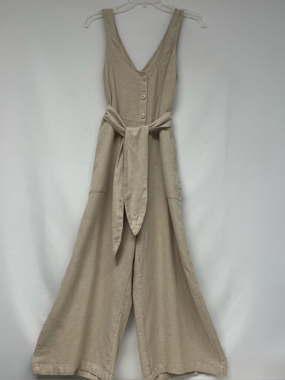 OZMA Neutral Beige V-Neck Wide-Leg Jumpsuit with Tie Waist
